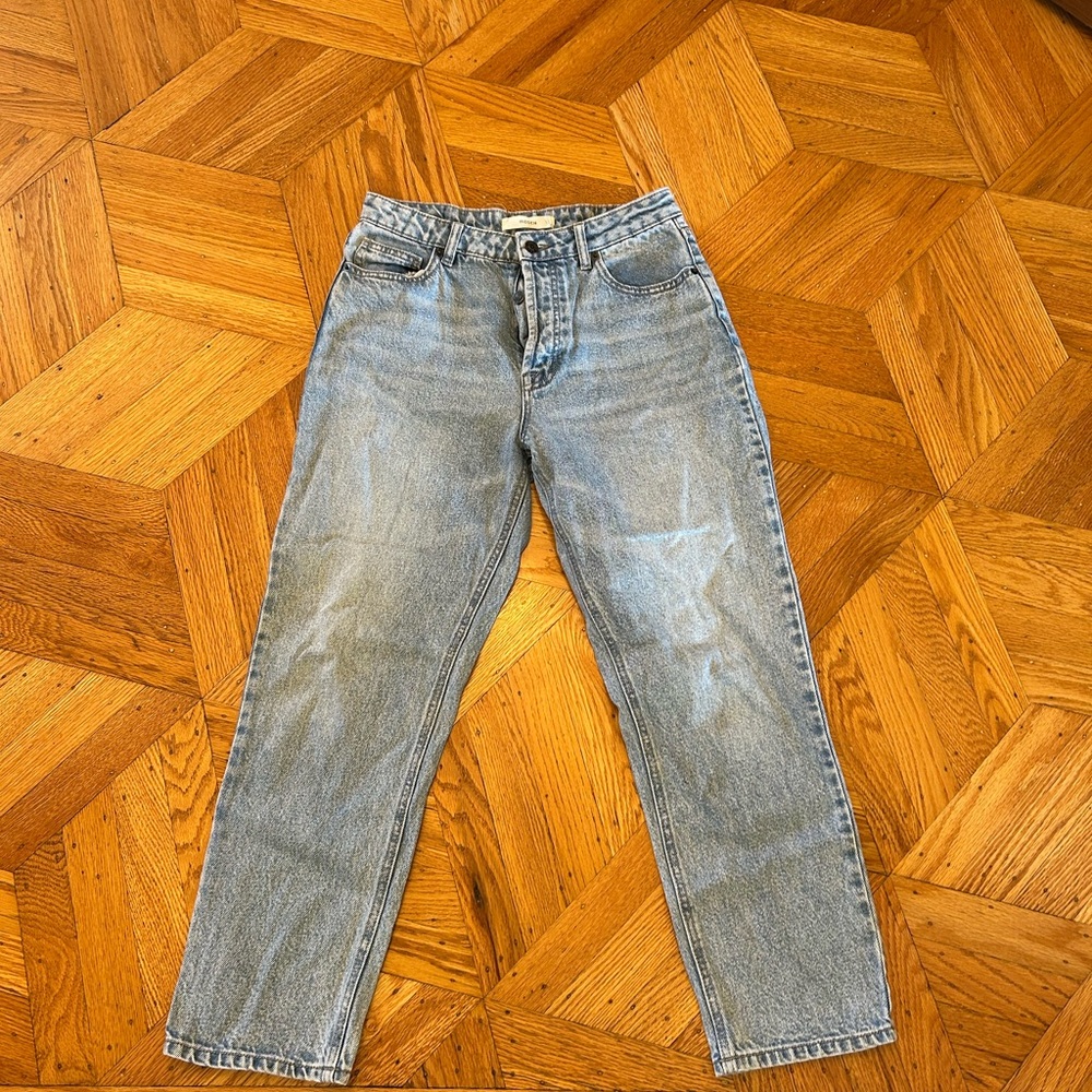 Blue Straight Leg Jeans with Vintage Fading